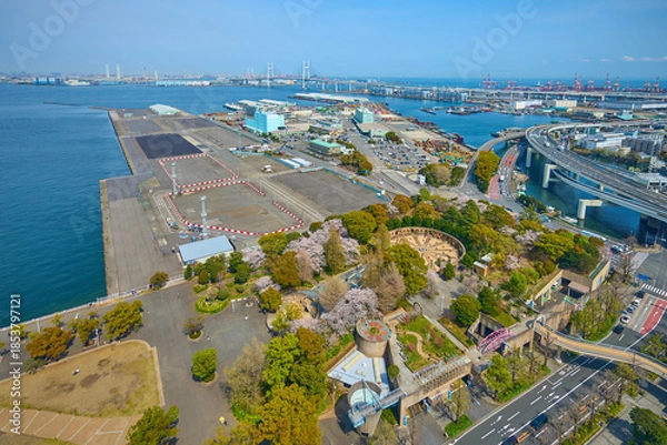 Obraz 春の神奈川県横浜市中区の東側眺望(山下町,山下埠頭,本牧ふ頭など)
