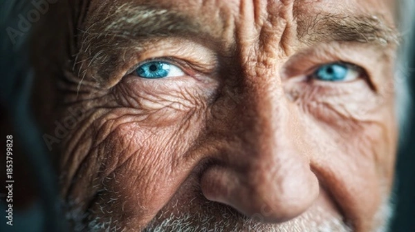 Fototapeta Close-up of an elderly man's face with striking blue eyes