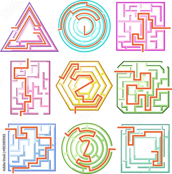 Obraz Nine different colorful maze games with highlighted solutions, providing a range of problem solving challenges and brain training activities for children and adults