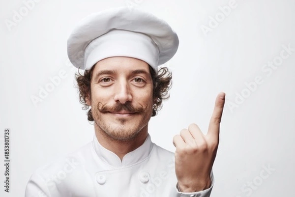 Fototapeta A cheerful chef with a distinguished mustache points upwards, offering culinary ideas.