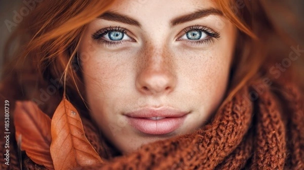 Fototapeta Beautiful woman with red hair and blue eyes in autumn