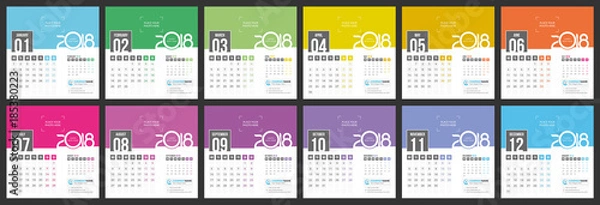 Fototapeta Desk Calendar 2018 - Vector template of 12 Months with Place for Photo, Logo and Info Contact
