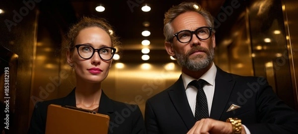 Fototapeta Two adults posing in an elevator.