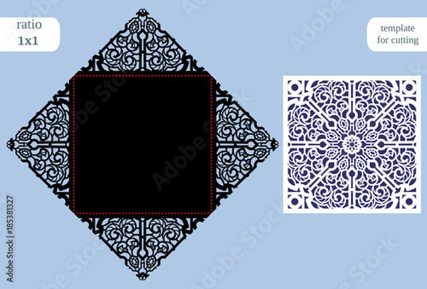 Obraz Paper openwork  square  greeting card, wedding invitation, template for cutting, lace imitation, cut on plotter, metal plate cut by laser,  vector illustration