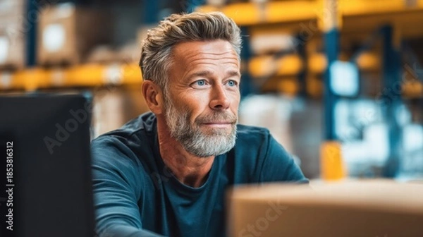Fototapeta A mature man with a gray beard looks away in a warehouse setting