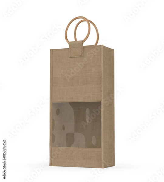 Fototapeta Jute Wine Bag Mockup with Wooden Handle and Transparent Window, Eco Friendly Packaging Design.