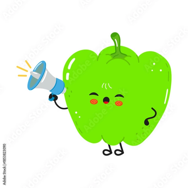 Obraz Cute green bell pepper character making announcement using megaphone
