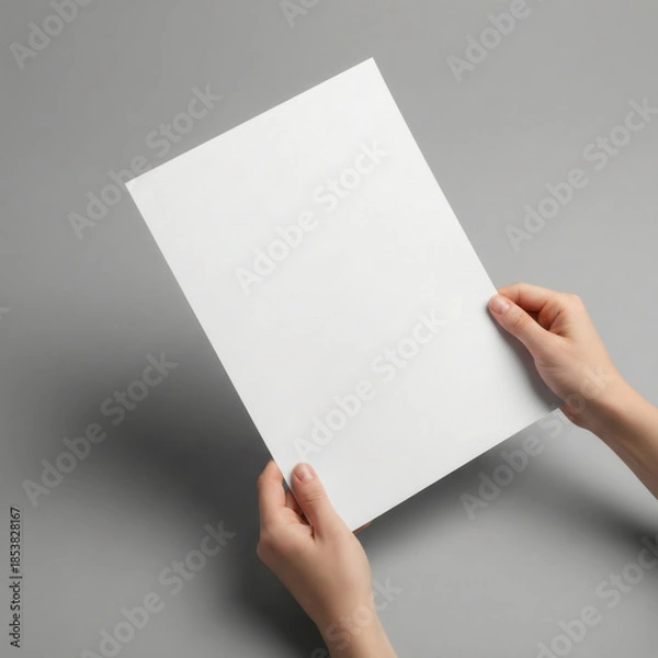 Obraz Blank paper mockup held by hands on gray background