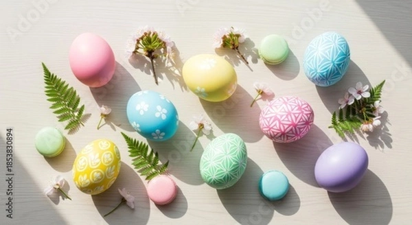 Obraz Colorful Easter eggs with flowers on white background.