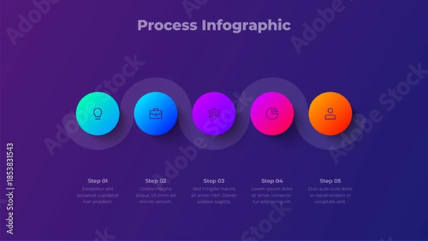 Obraz 5 Steps Process Infographic Diagram Presentation Template on Dark Background, Modern Horizontal Workflow with Five Step Options Vector