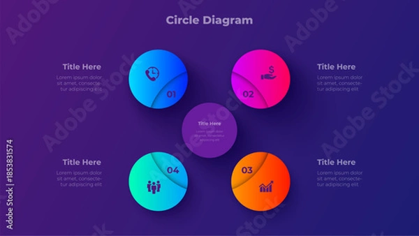 Obraz 4 Steps Circle Diagram Presentation Template with Four Step Process Options on Dark Background Vector