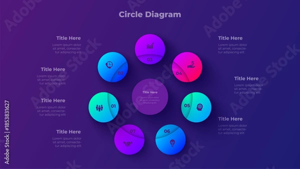Obraz 7 Steps Circle Diagram Presentation Template with Seven Step Process Options on Dark Background Vector