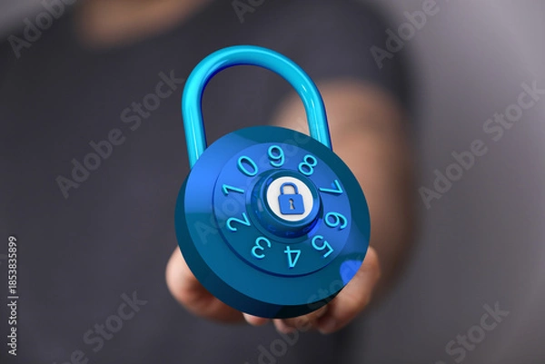 Obraz Close up shot of a person holding a blue padlock. Concept of data protection, safety, and security measures. Su