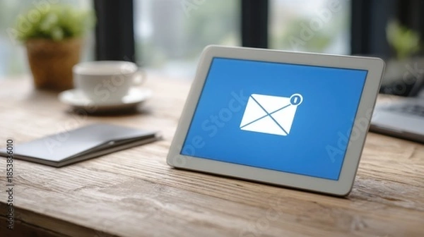 Obraz Tablet screen displays an email notification icon on a wooden table with coffee and notebook
