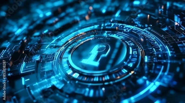 Obraz Abstract digital security concept with glowing circuit elements and lock icon