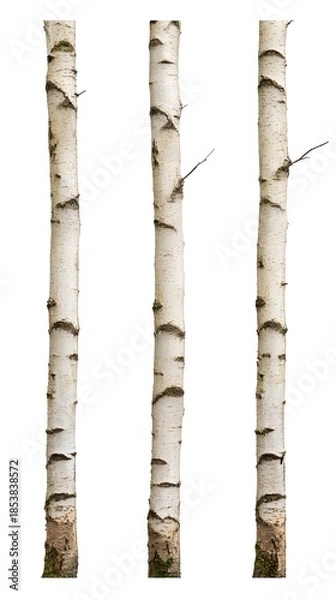 Obraz Three White Birch Tree Trunks Isolated.
