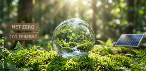 Obraz Transparent glass globe resting on green foliage with soft sunlight in the background, environmental protection and sustainability concept, global ecology and nature balance theme