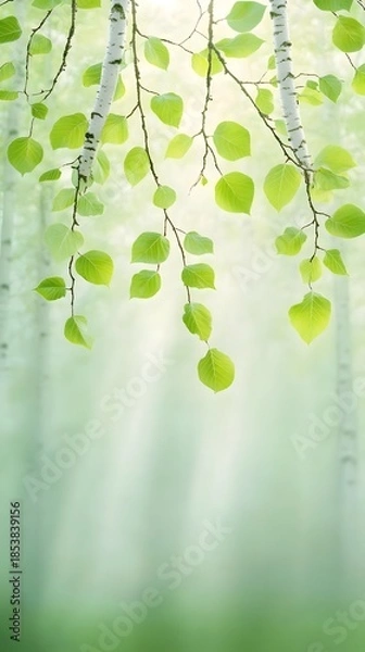 Obraz Birch Tree Branches with Green Leaves.