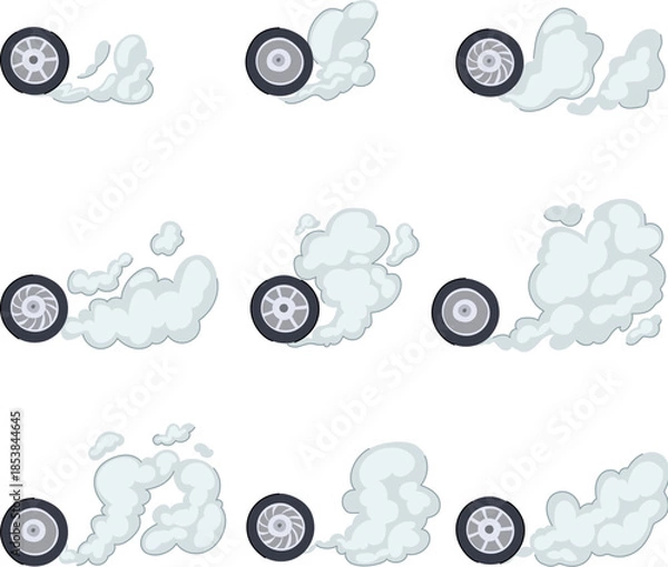 Obraz Car wheels creating various smoke trails, depicting speed, burnout, or drift effects, ideal for animation sprites, game assets, or motion graphics elements