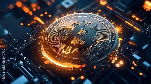 Obraz Bitcoin cryptocurrency digital currency concept with electronic circuitry