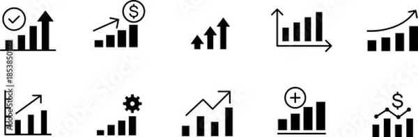 Obraz Growth icon set. gain, improvement, grow, chart, increase, evolution and development icons. Solid icon collection. 