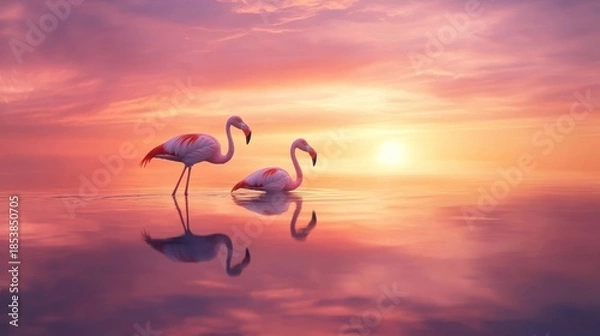 Obraz Flamingos in flight sunset reflection
