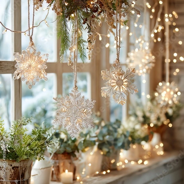 Obraz Beautiful hanging snowflake decorations by a window with lights.