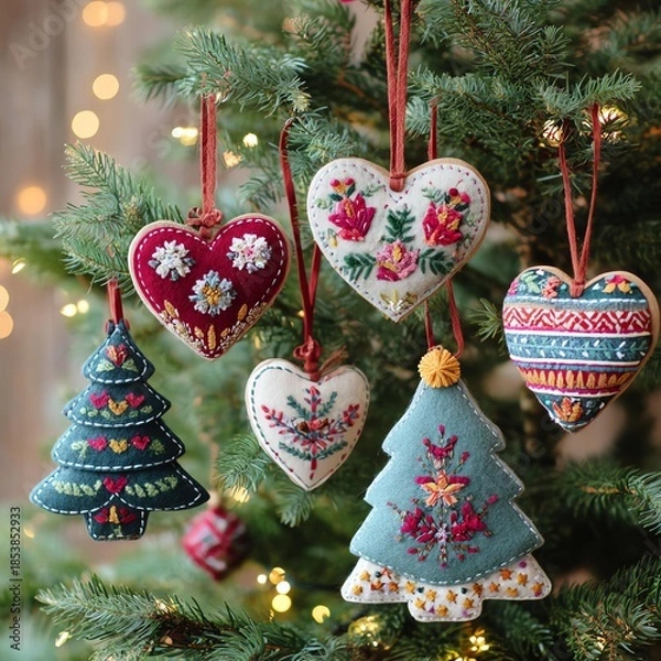 Obraz Colorful, handmade ornaments hang on a Christmas tree.