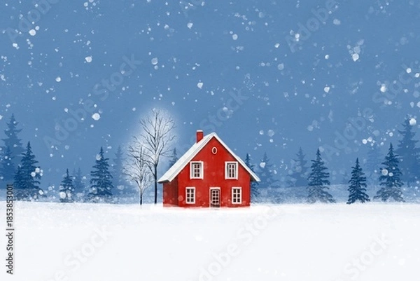 Fototapeta A cozy old wooden red house covered in snow during a peaceful winter Christmas in a rural mountain landscape vintage isolated hand drawn
