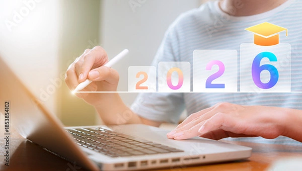 Obraz Vision and technology to enhance education in the year 2026. Teenage boy planning to learning.