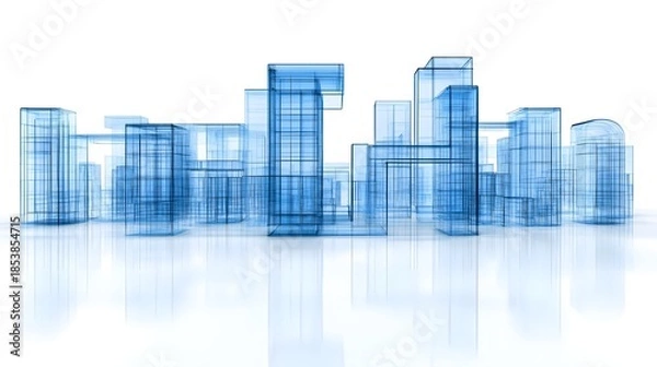 Obraz Blue Wireframe Cityscape on White Background.