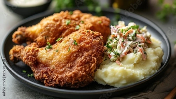 Obraz Fried chicken with mashed potatoes and slaw