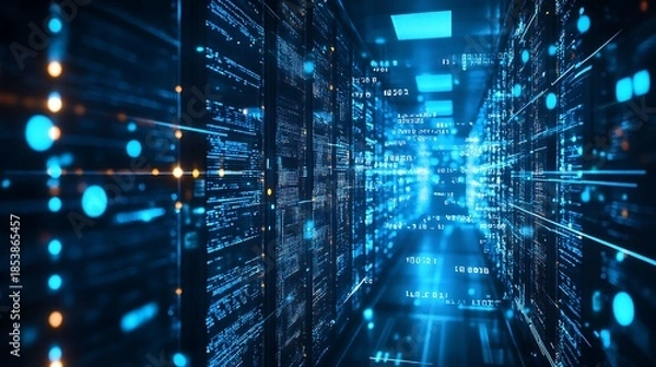Obraz Data center servers with glowing blue lights and digital data streams