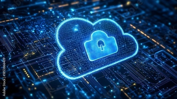 Fototapeta Digital cloud computing concept with a padlock symbol representing security