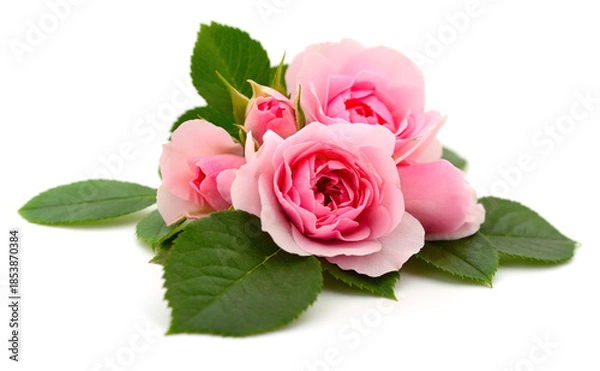 Obraz Pink roses with green leaves isolated on white