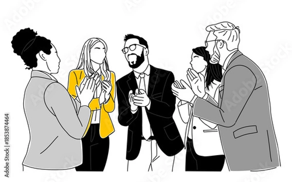 Obraz Minimalist line art illustration of business professionals in a meeting, clapping hands, celebrating success. Vector sketch isolated on transparent background