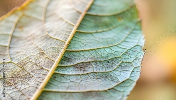 Fototapeta 葉脈をマクロ撮影したナチュラルカラーのリーフテクスチャ　自然とエコを感じる背景