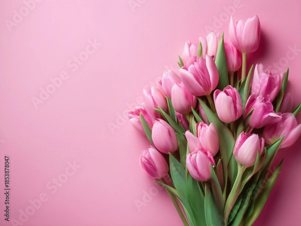 Obraz Vibrant pink tulips bouquet on solid pink background for spring.