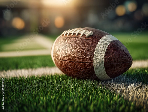 Obraz American football on green field with white lines at sunset.