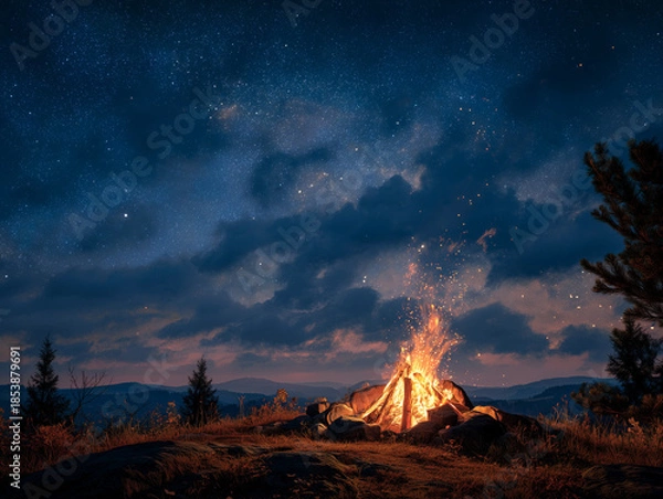 Obraz Cozy campfire under starry night sky with mountains.