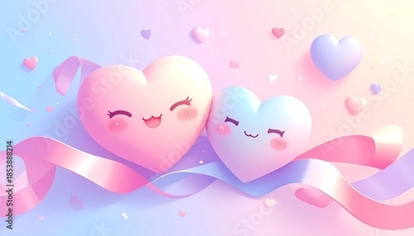 Obraz 笑顔のハートとリボンのバレンタイン：パステルカラーが可愛いファンタジーな背景イラスト素材
