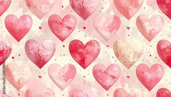 Obraz 水彩風ハートの可愛いパターン背景：バレンタインやギフトに最適なピンクのテクスチャ素材