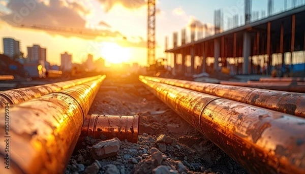 Obraz Copper Pipes at Sunset Construction Site