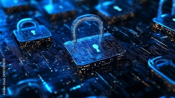 Obraz Digital security illuminated padlocks on circuit board data protection concept