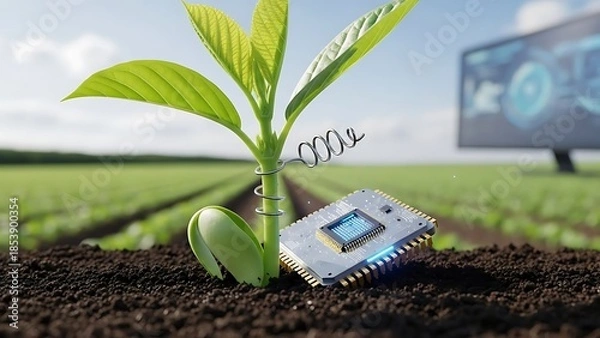 Obraz 新芽とチップの組み合わせで描く未来の農業のテクノロジー