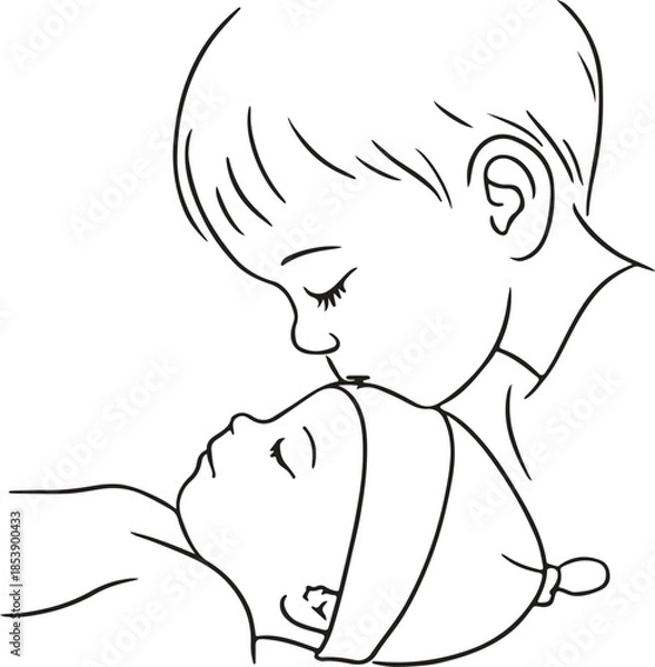 Obraz A tender moment of sibling affection, an older child gently kisses their sleeping baby brother or sister