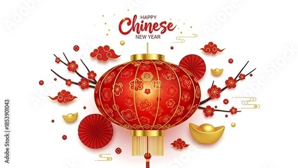 Obraz 赤い提灯と花柄の装飾が輝くお祝いのデザイン