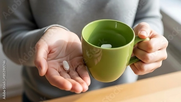 Obraz 明るい室内で薬を飲む人の手元のクローズアップ写真