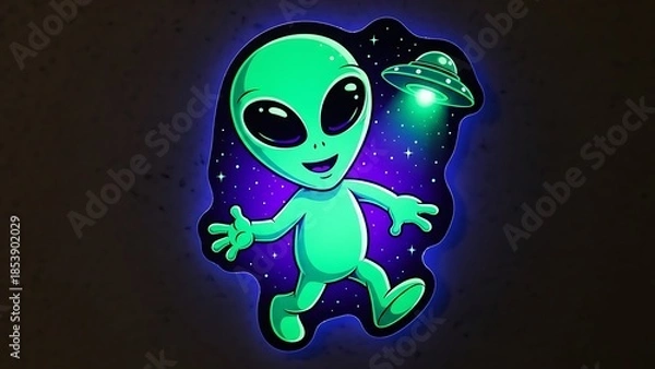 Obraz 宇宙人幸せに歩く in 暗い背景での輝くUFO