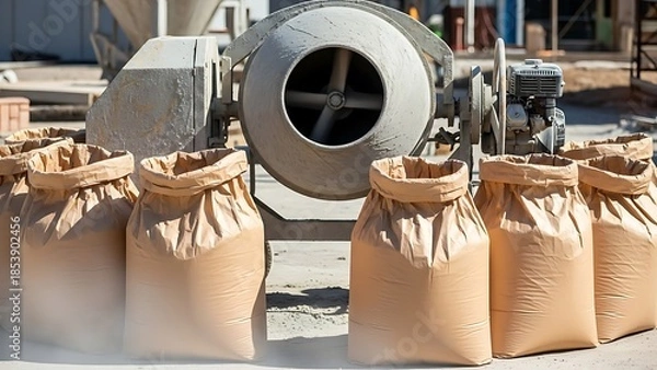 Obraz 建設現場でのセメント袋の整列とミキサーの調和